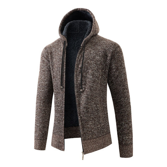 Herren nan melierte Strickzip-Kapuzenjacke mit wärmendem Teddyfutter, verdecktem Zwei-Wege-Reißverschluss und elastischen Bündchen EB