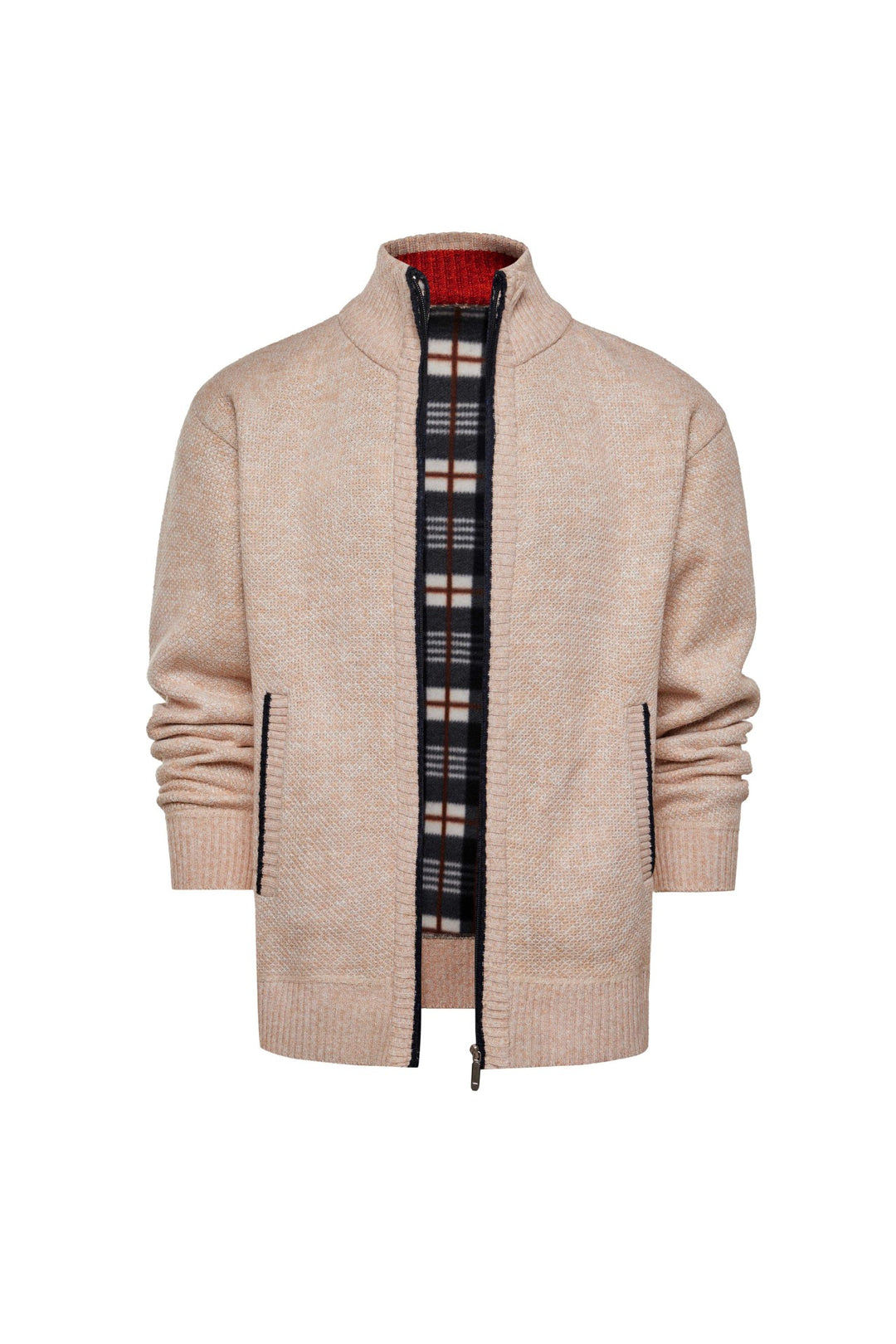 Herren gebürstete Strickjacke mit kariertem Thermofutter und Stehkragen EB