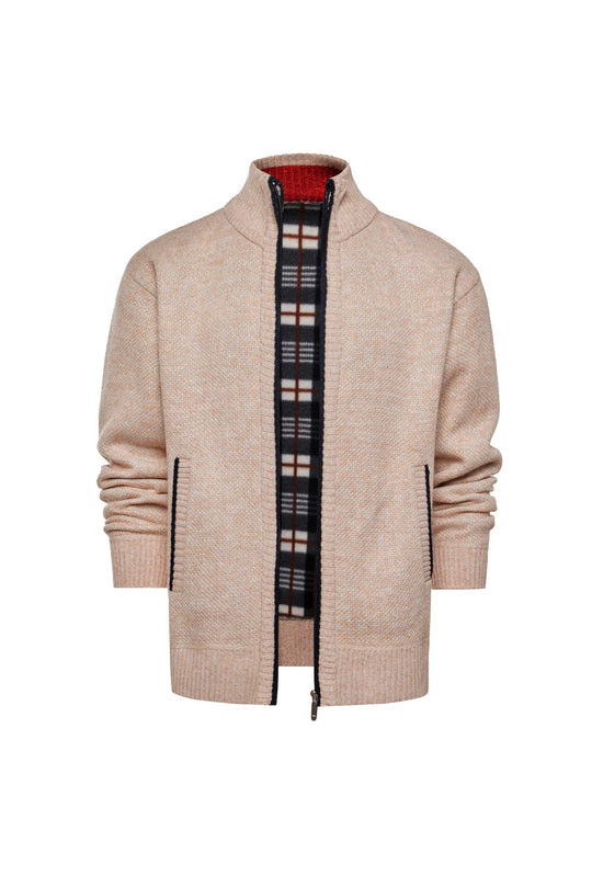Herren gebürstete Strickjacke mit kariertem Thermofutter und Stehkragen EB