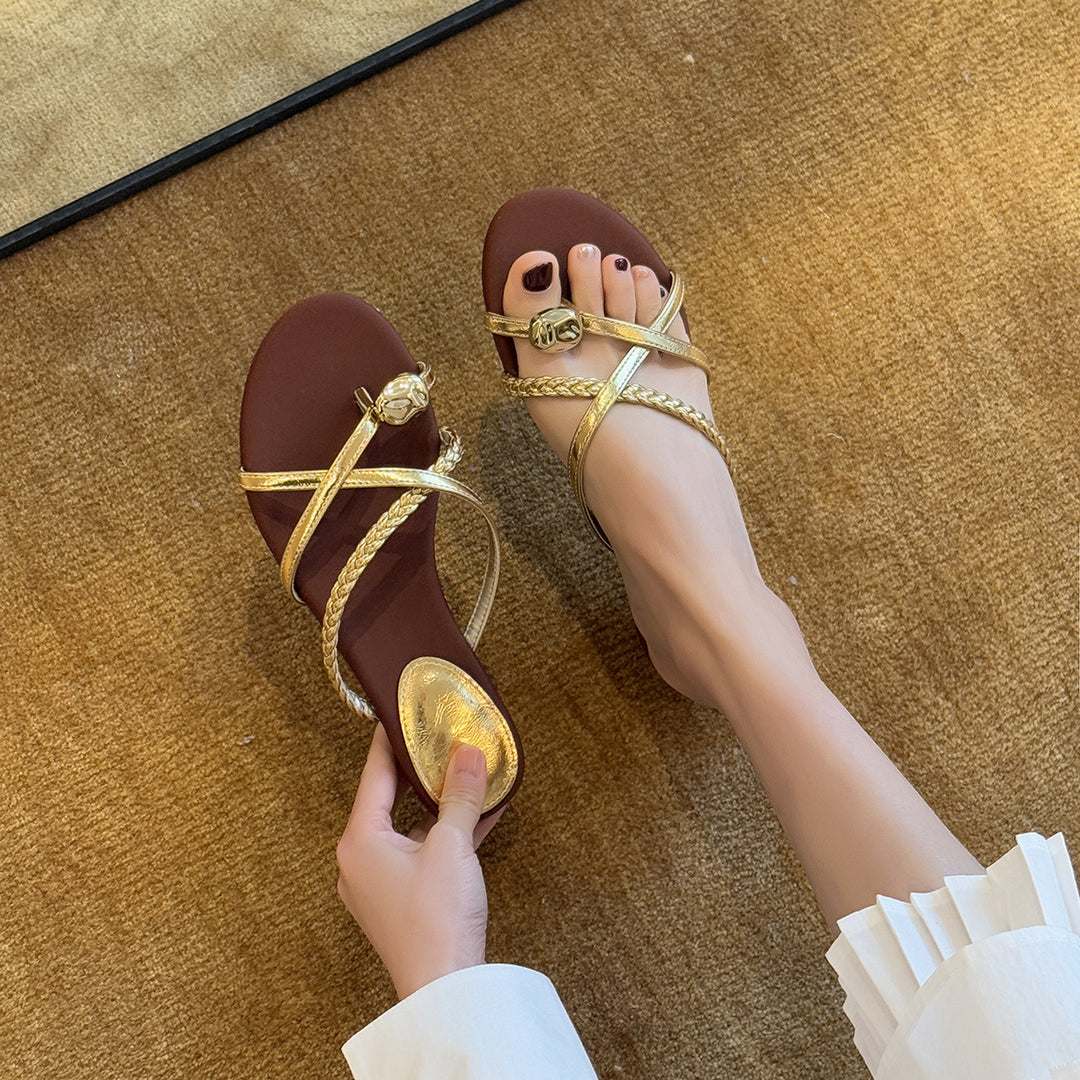 Damen Elegante und komfortable Zehentrenner-Sandalen mit geflochtenem Riemendesign EB