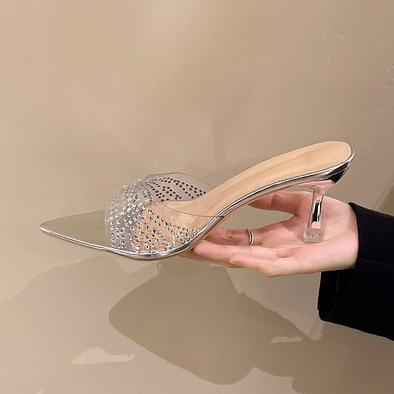 Damen Glamouröse High Heel Mules mit transparentem Riemen und funkelnden Akzenten EB
