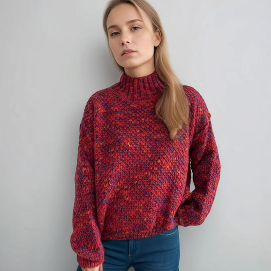 Damen gemütlicher Rollkragenpullover mit modernem Lochstrickdesign EB
