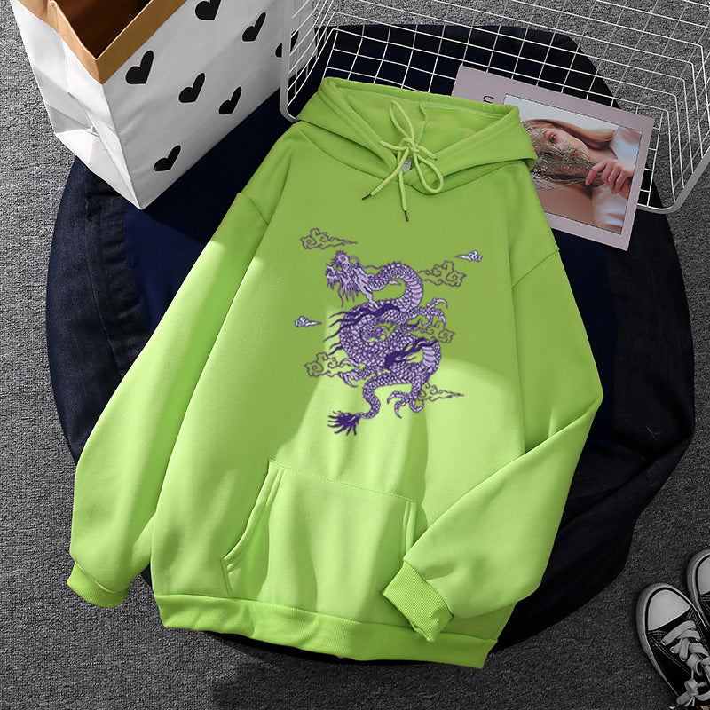 Unisex nan oversized Kapuzensweatshirt mit detailliertem Drachendruck, angerautem Fleece-Innenfutter und Känguru-Tasche EB