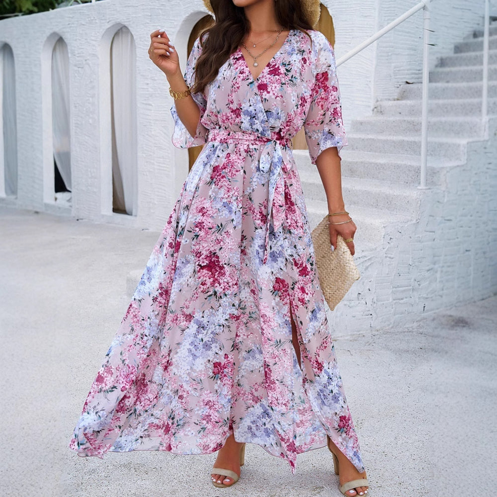Damen Maxikleid mit eleganter Wickeloptik und seitlichem Schlitz EB