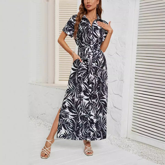 Damen Maxikleid mit raffiniertem Schnitt und tropischem Design EB
