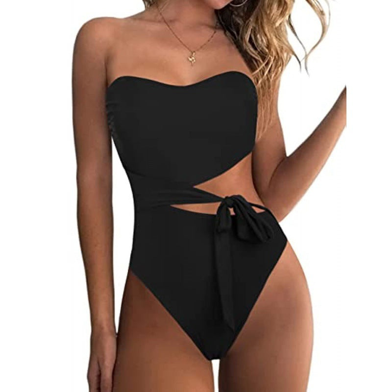 Damen Bandeau Bikini mit asymmetrischem Schnitt und modischem Animal-Print EB