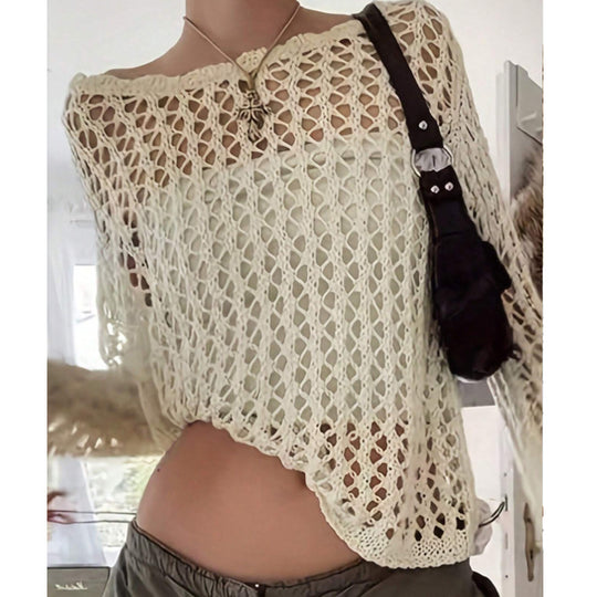 Damen luftiges Häkeloberteil mit weitem Schnitt und transparentem Design EB