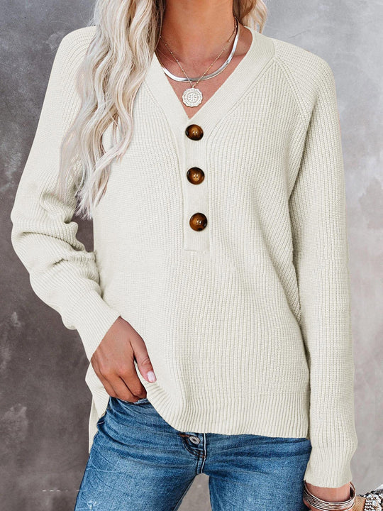 Damen Strickpullover mit V-Ausschnitt und dekorativen Knöpfen EB