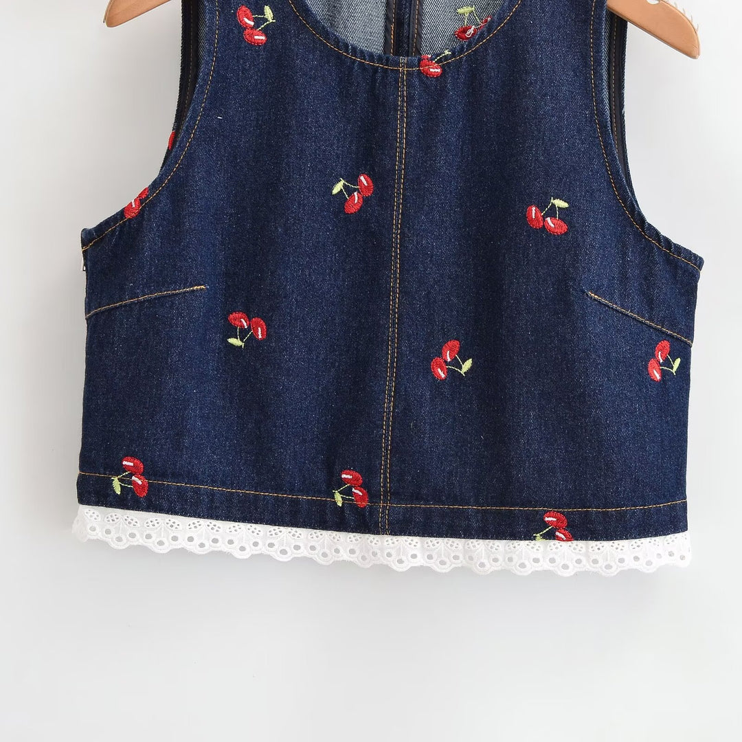 Damen Designer-Cropped-Top mit floralem Stickmuster und Spitzenbesatz EB