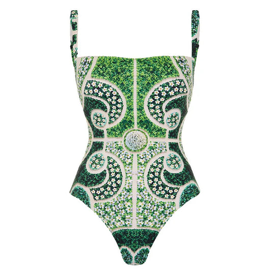 Damen Einteiler Badeanzug mit kunstvollem Blumenmuster EB