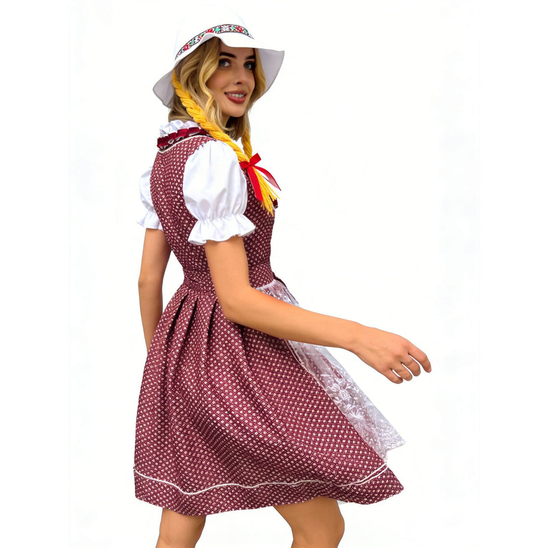 Damen nan traditionelles Dirndlkleid mit Herzausschnitt geschnürter Taille und Spitzen-Schürze EB