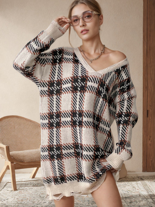 Damen Grobstrickpullover im modischen Karomuster EB