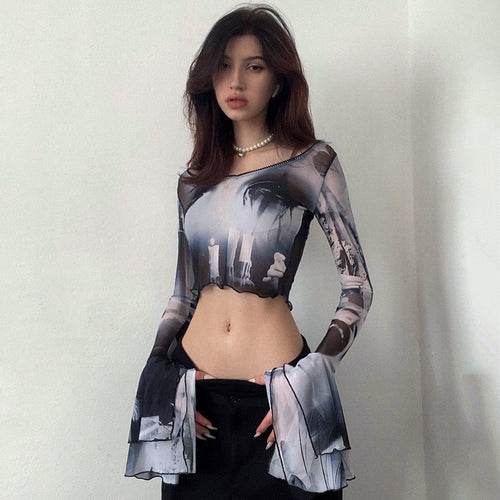 Damen Langarm Crop-Top mit kreative Grafik-Printdetails und ausgestellten Ärmeln EB