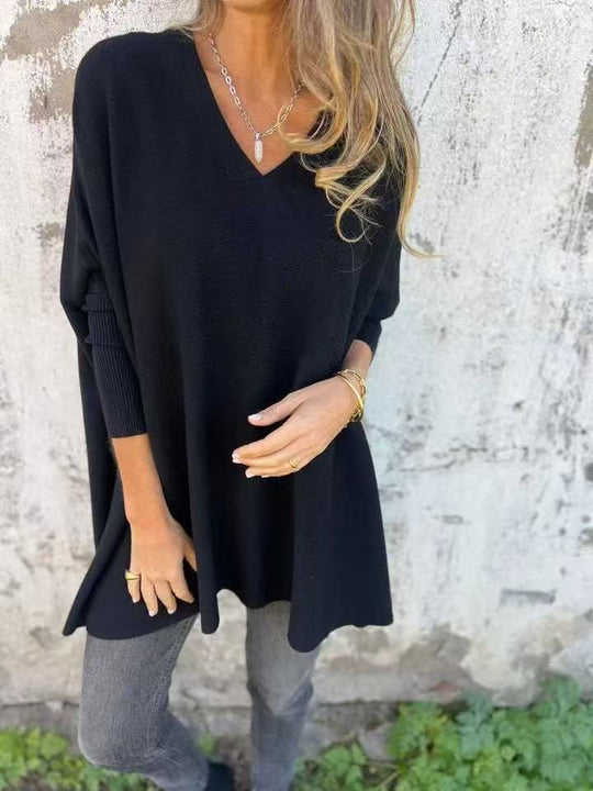 Damen Oversized V-Ausschnitt Pullover im luftigen Design EB