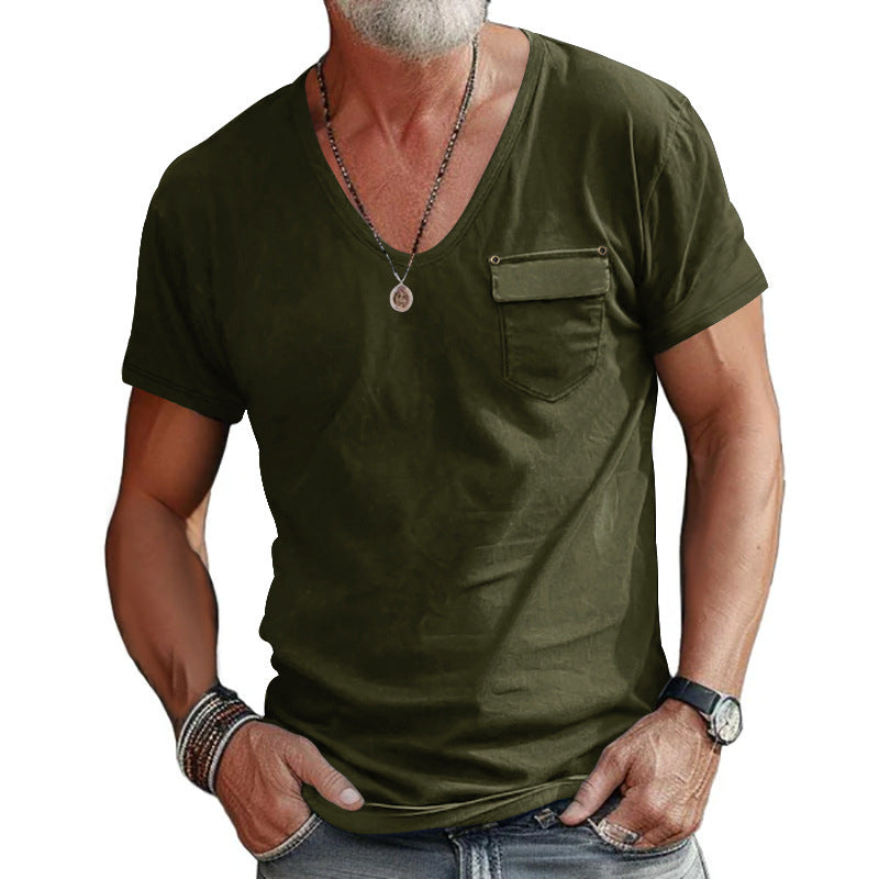 Herren V-Ausschnitt T-Shirt mit dekorativer Brusttasche und attraktiver Struktur EB