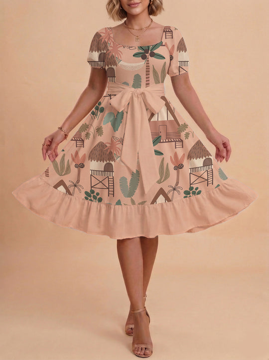 Damen Sommerliches Blumenkleid mit taillierbarem Gürtel und voluminösen Ärmeln EB