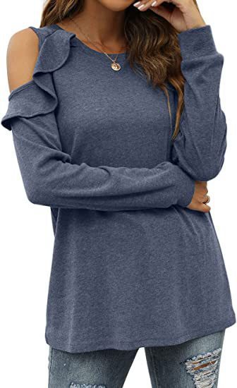 Damen Elegantes Langarmoberteil mit Rüschendetails und Kalt-Schulter Design EB