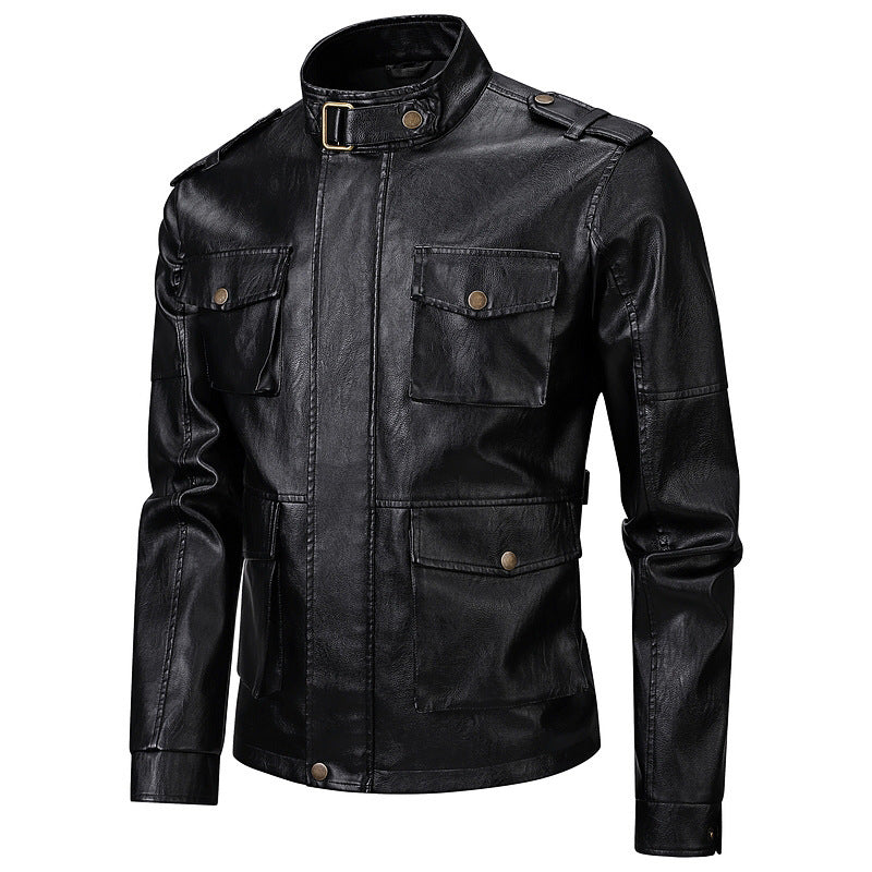 Herren Militärjacke aus Kunstleder mit praktischen Taschen und hohem Kragen EB