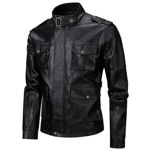 Herren Militärjacke aus Kunstleder mit praktischen Taschen und hohem Kragen EB