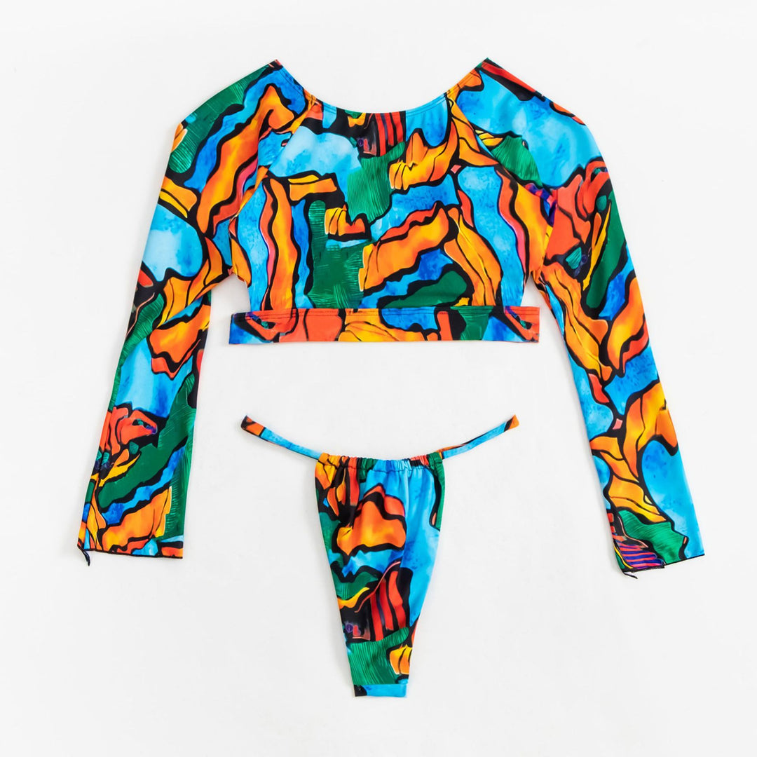 Damen Crop-Top Bikini mit langen Ärmeln und modischem Ausschnitt EB