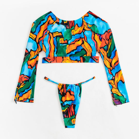 Damen Crop-Top Bikini mit langen Ärmeln und modischem Ausschnitt EB