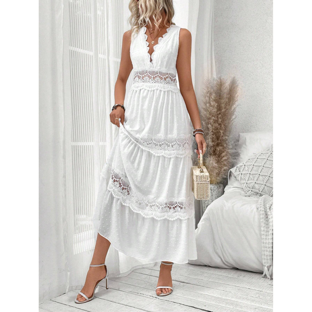 Damen Langes, elegantes Maxikleid mit Spitzenakzenten und Volants EB