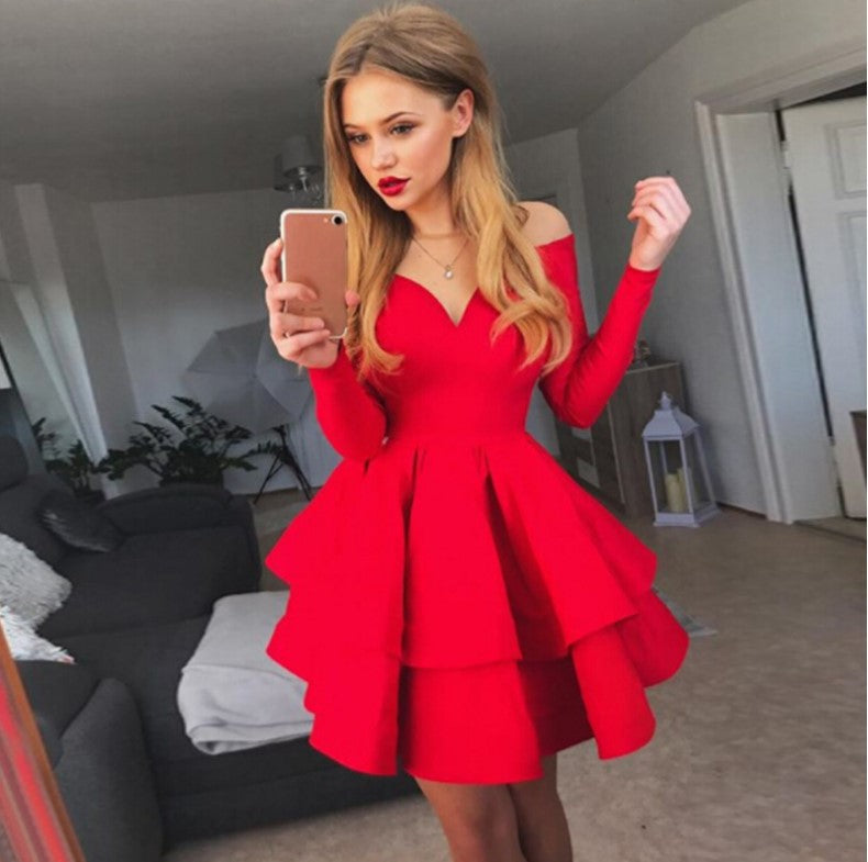 Damen Verspieltes schulterfreies Cocktailkleid mit Volants und tiefem V-Ausschnitt EB