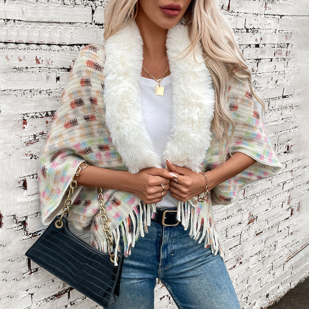 Damen eleganter Poncho mit luxuriösem Kunstfellkragen und Fransen EB