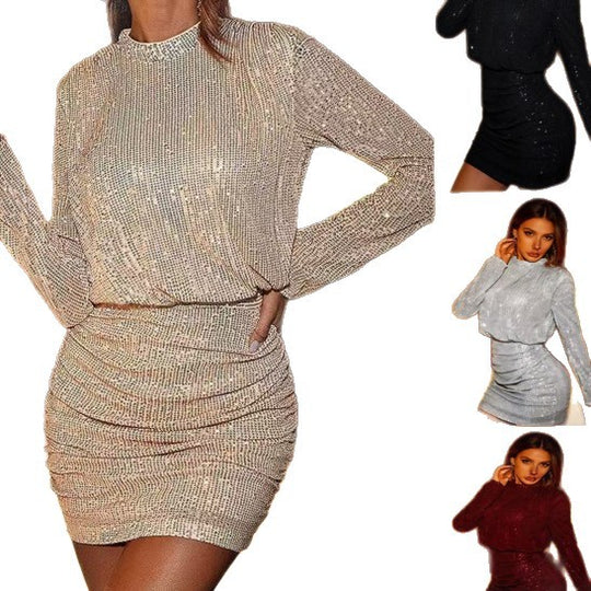 Damen figurbetontes Kurzkleid mit glitzernden Akzenten und langärmeliger Oberteilgestaltung EB
