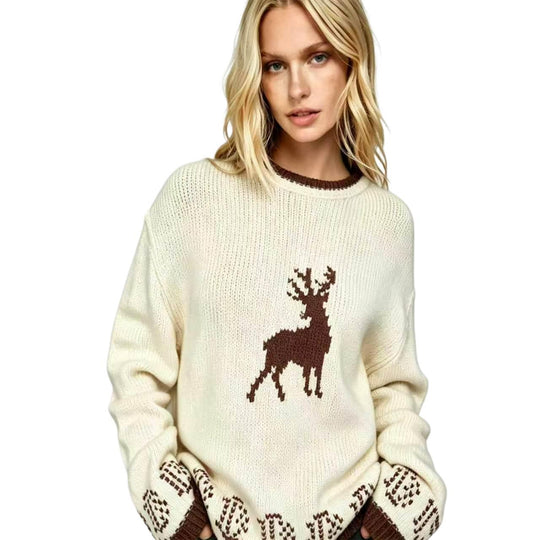Damen Oversize Strickpullover mit Hirschintarsie, Rundhalsausschnitt und Norwegerbündchen EB