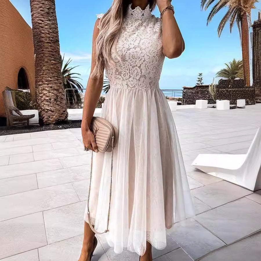Damen Spitzenkleid mit hohem Kragen und schwungvollem Rock EB