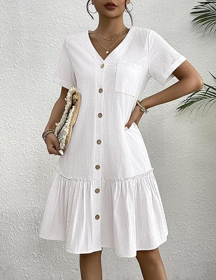 Damen lässiges Hemdblusenkleid mit Knopfdetail und ausgestelltem Rock EB