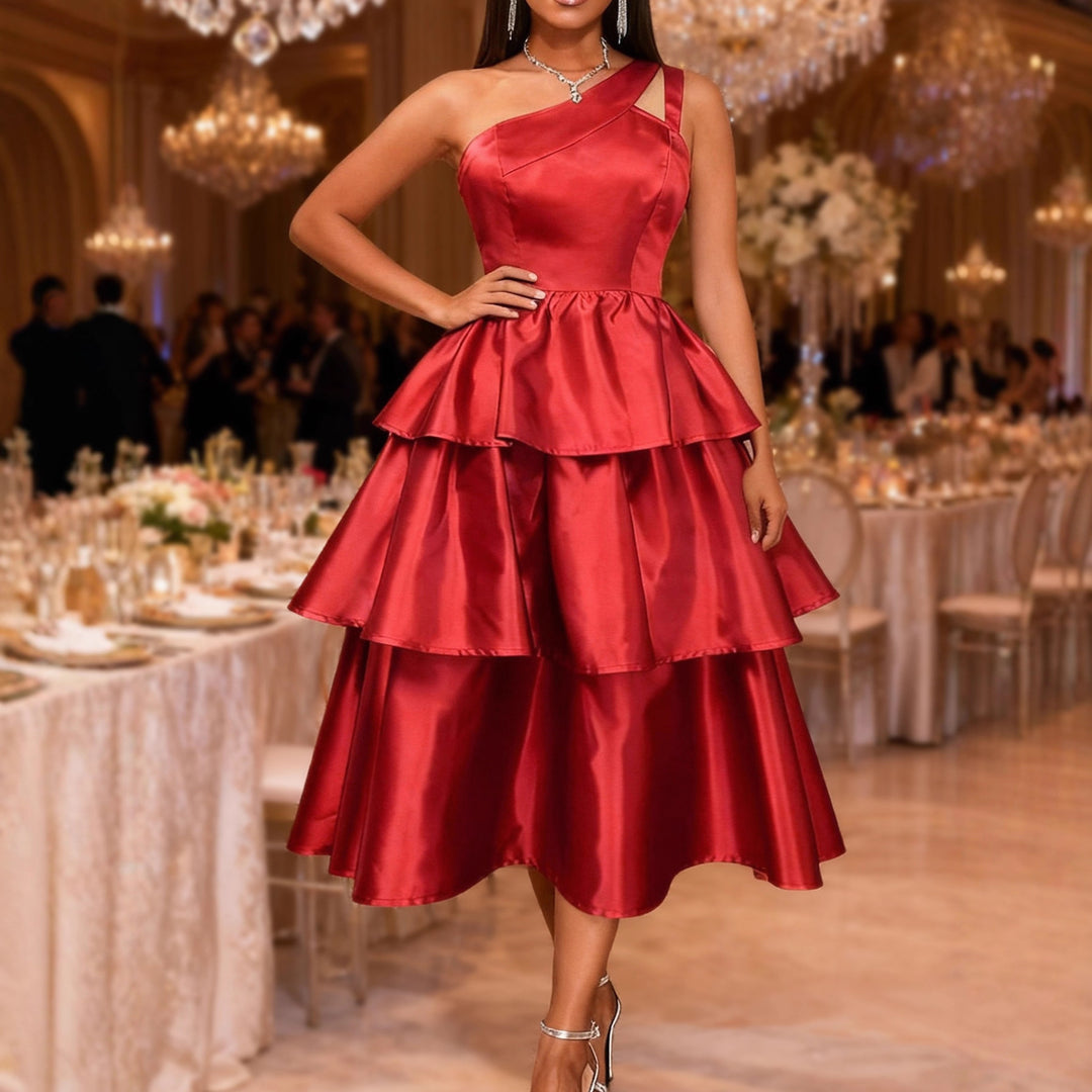 Damen Maxikleid mit asymmetrischem Träger und voluminösen Rüschen EB