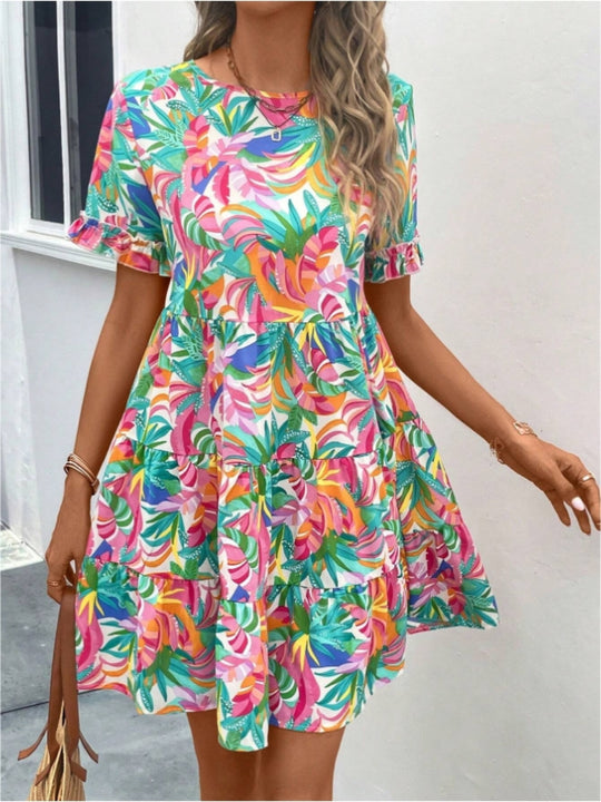 Damen Sommerliches Freizeitkleid mit Rüschendetails und frischem Blumenmuster EB