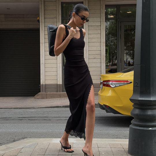 Damen Maxikleid mit Spitzenabschluss und hohem Schlitz EB
