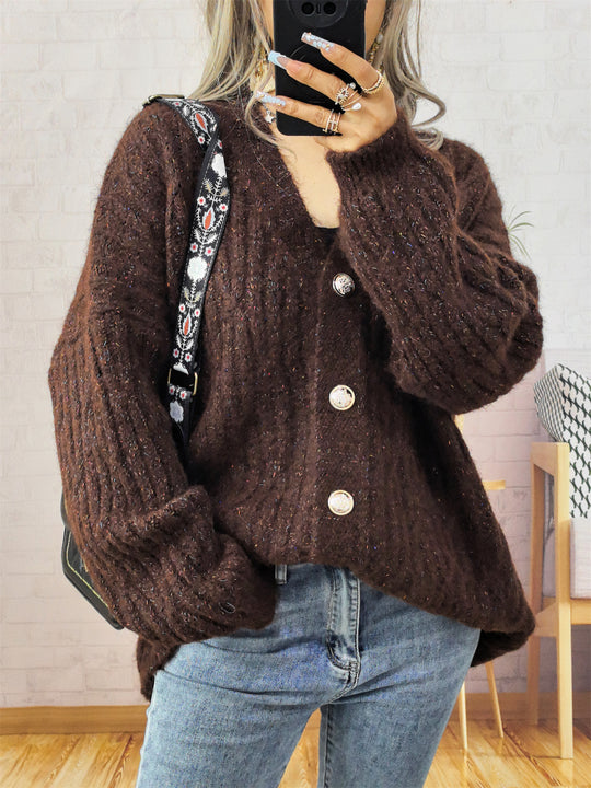 Damen Grobstrickjacke mit modischen Knöpfen und lässigem Schnitt EB
