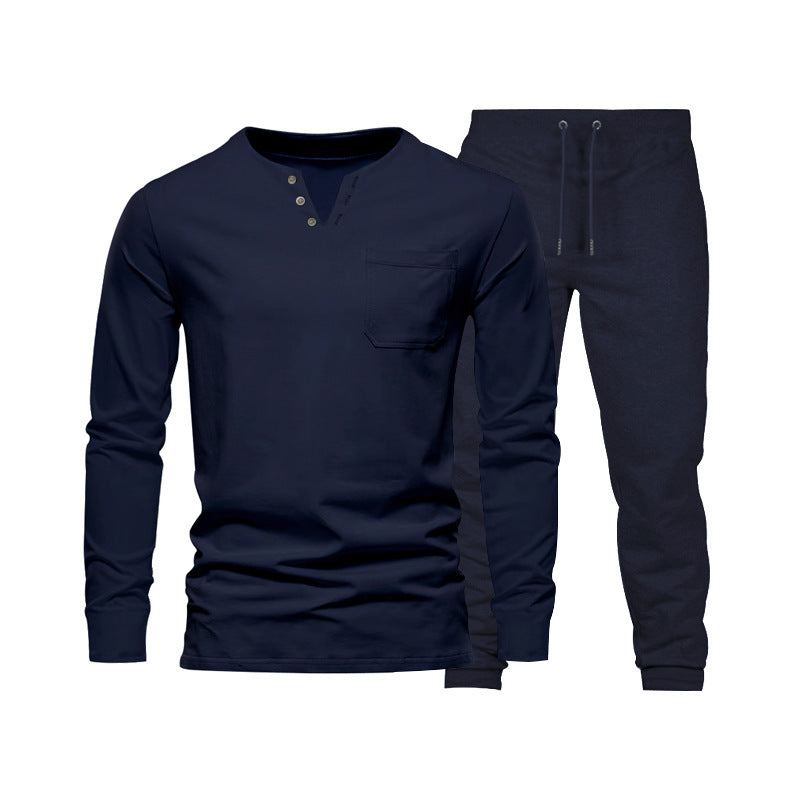 Herren Langarm‑Henley Loungewear‑Set mit Brusttasche und tapered Jogginghose EB