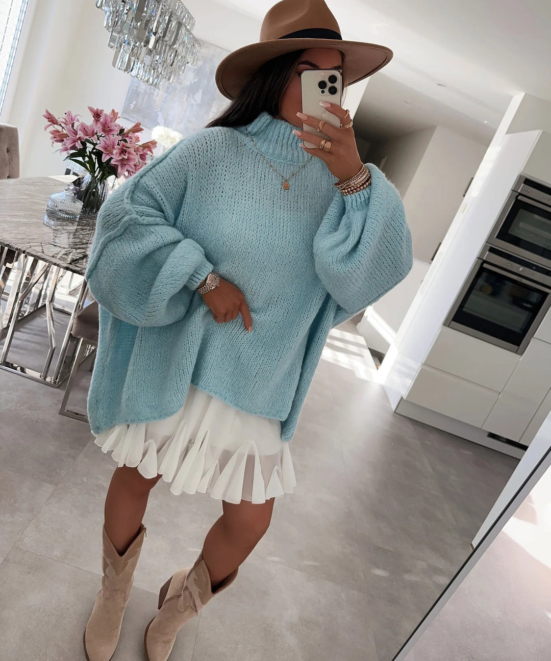 Damen lässiger Oversize Pullover mit hohen Ärmeln und unkonventionellem Schnitt EB
