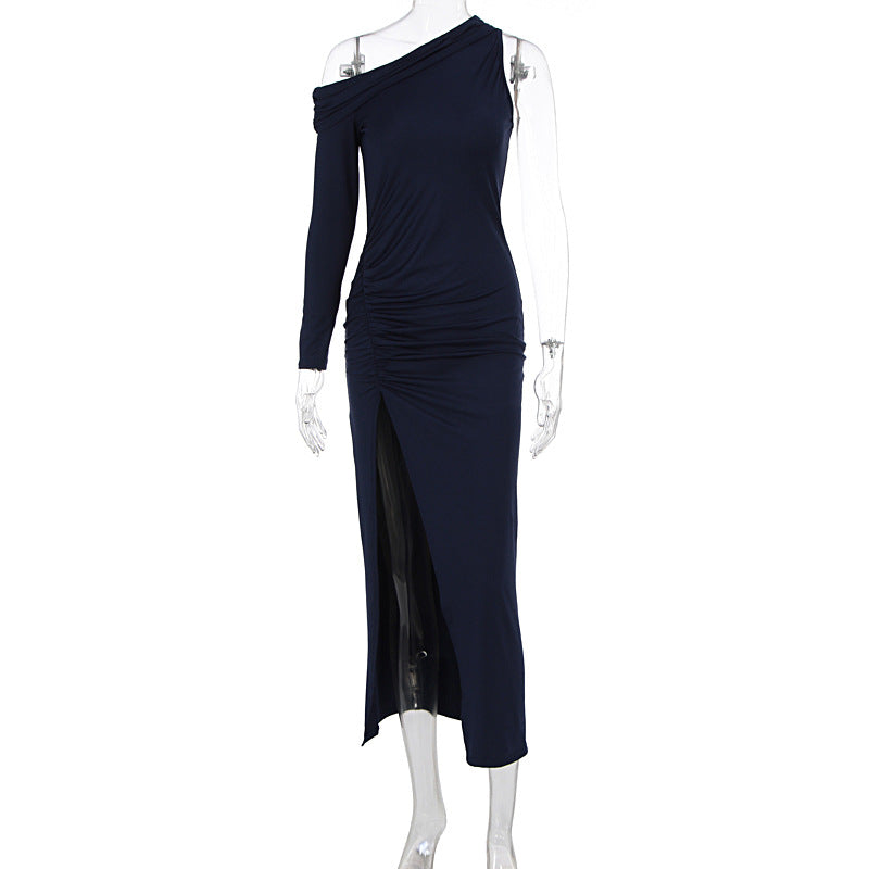 Damen figurbetontes Maxikleid mit asymmetrischem Ausschnitt und eleganten Rüschendetails EB