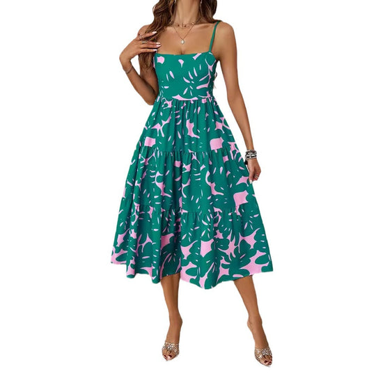 Damen Knielanges Freizeitkleid im modernen Layering-Design mit buntem Muster EB