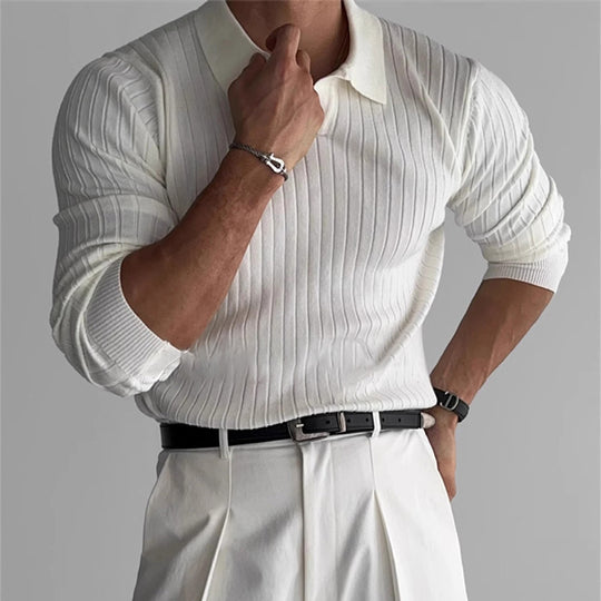 Herren nan figurbetontes Rippstrick-Polopullover mit offenem V-Ausschnitt und schmaler Passform EB