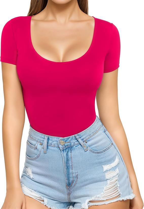 Damen figurbetontes Kurzarm-Body mit rundem Ausschnitt und nahtlosem Design EB