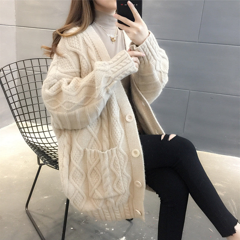 Damen Wabenstrick Oversized Cardigan mit Taschen und Knopfdetail EB