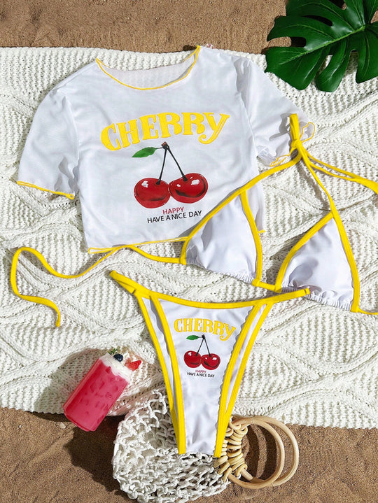 Damen Bikini-Set mit trendigem Kirschmotiv und lässigem Crop-Top EB