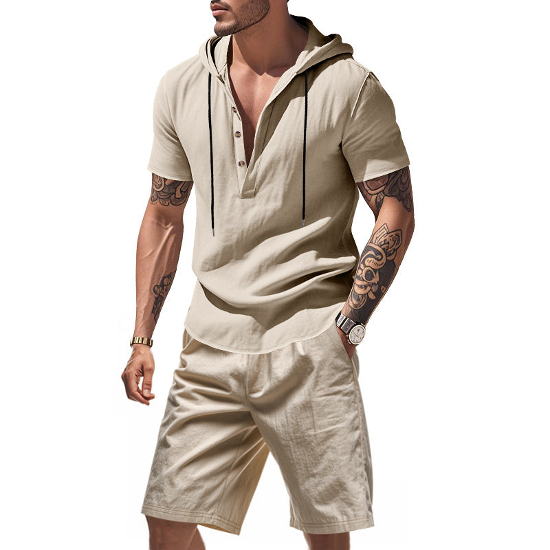 Herren lässiges Kurzarmhemd mit Kapuze und Shorts EB