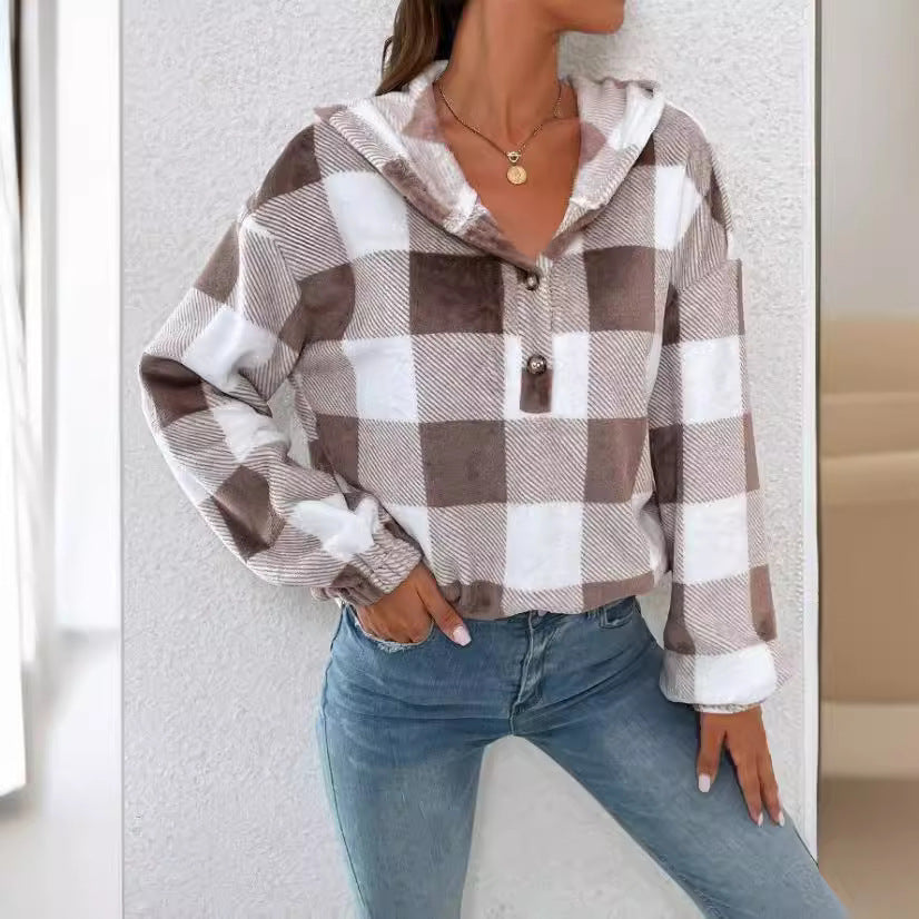 Damen Gemusterte Karo-Hoodie-Bluse EB