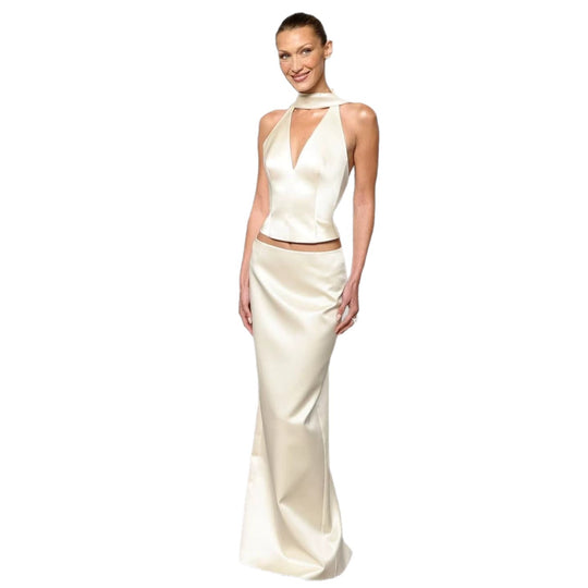 Damen Elegantes Maxikleid mit tiefem V-Ausschnitt und figurbetontem Schnitt EB