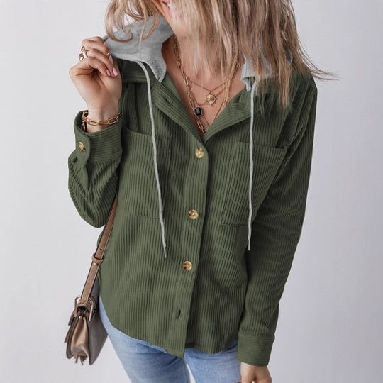 Damen lässige Overshirt-Jacke mit verstellbarem Kapuzenkragen und knopfverziertem Design EB