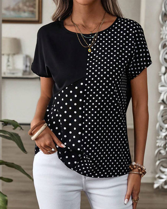 Damen Polka-Dots T-Shirt mit abgesetzten Schemata und modernem Schnitt Heidi-Mode