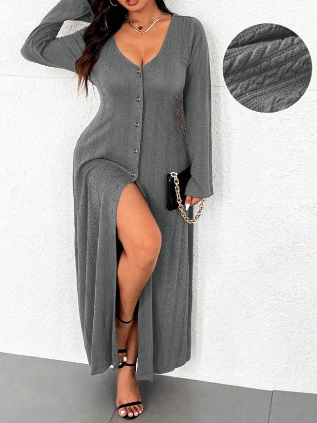 Damen Maxikleid mit innovativem Knopfdesign und tiefem Schlitz EB
